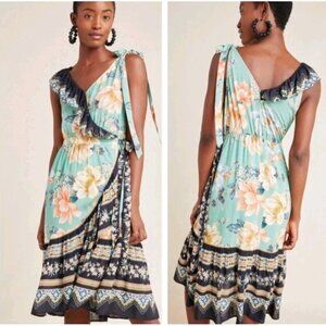 Anthropologie FARM RIO Monica Wrap Dress XS Ruffle Floral Print Boho Beach Rio